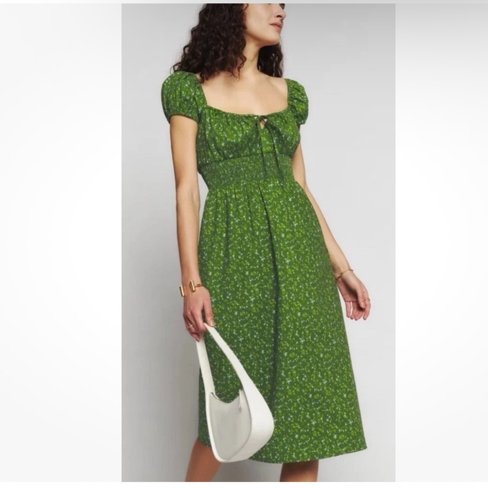 NEW Reformation Arna Organic Cotton Floral Midi Smock Dress Isla Green Size 12 L